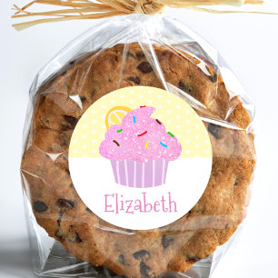 Rosa Cupcake gelbe Herzen Name süß modern Schule Runder Aufkleber