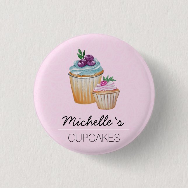 Rosa Cupcakes und Früchte Wasserfarbe Button (Vorderseite)