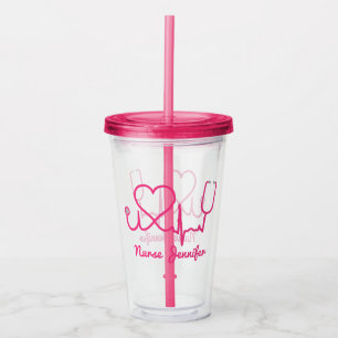 Rosa Custom Nurse Name Stethoscope Heart Life Line Acryltrinkbecher