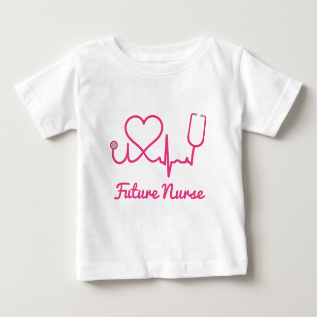 Rosa Custom Nurse Name Stethoscope Heart Life Line Baby T-shirt (Vorderseite)
