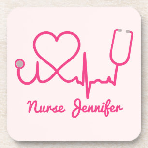 Rosa Custom Nurse Name Stethoscope Heart Life Line Getränkeuntersetzer