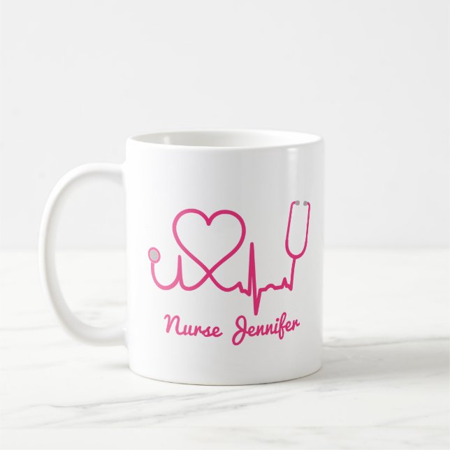 Rosa Custom Nurse Name Stethoscope Heart Life Line Kaffeetasse (Links)