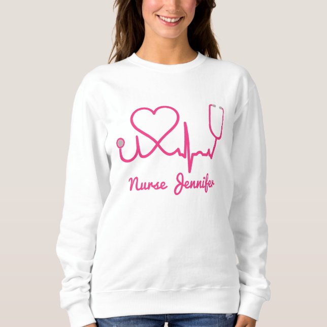 Rosa Custom Nurse Name Stethoscope Heart Life Line Sweatshirt (Vorderseite)