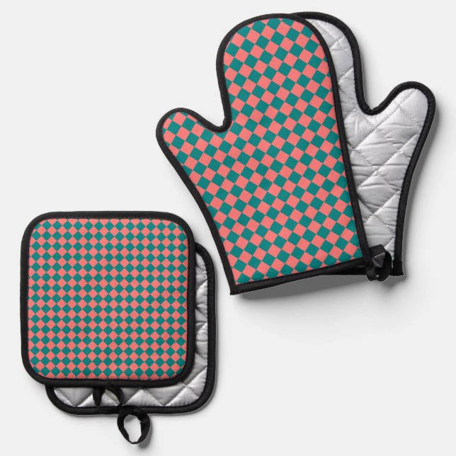 rosa Cyan Schachbrett Diamond Pattern Ofenhandschuh & Topflappen-Set (Vorderseite/Rückseite)