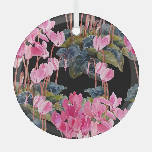 Rosa Cyclamen: Dunkle Aquarellfärbung Ornament Aus Glas (Vorderseite)