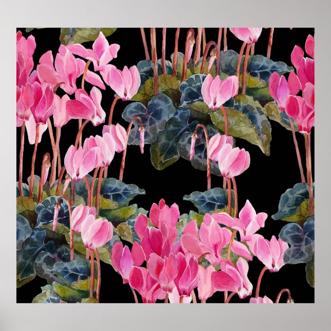Rosa Cyclamen: Dunkle Aquarellfärbung Poster (Vorne)