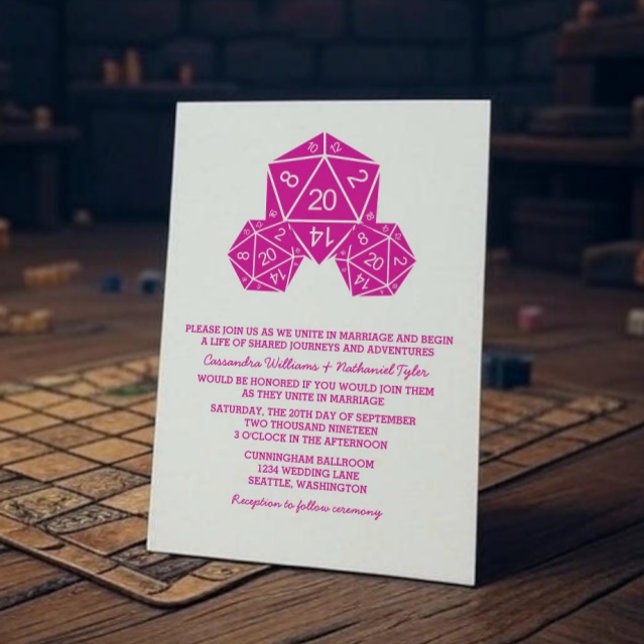 Rosa D20 Würfel Einladung (Pink D20 Dice Wedding Invite)