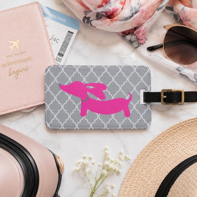 Rosa Dackel Gepäcktüte Geschenk Gepäckanhänger (Wiener dog luggage tag pink and gray)