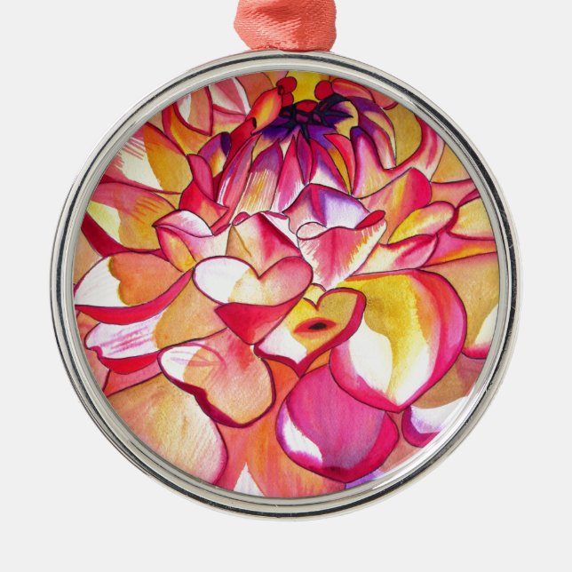 Rosa Dahlia Blume Aquarell Kunst Silbernes Ornament (Vorne)