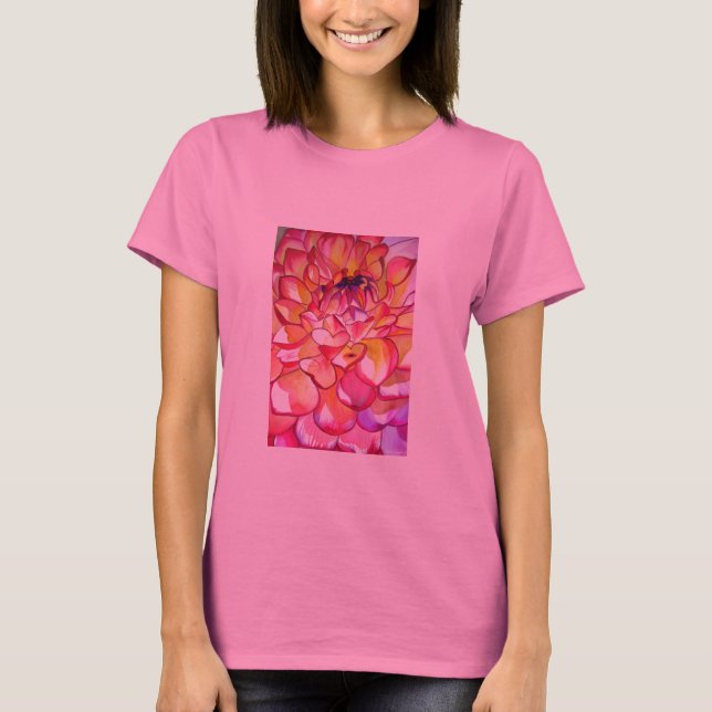 Rosa Dahlia Blume Aquarell Kunst T-Shirt (Vorderseite)