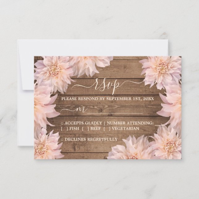 Rosa Dahlia Blume Rustic Wood Wedding RSVP Card (Vorderseite)