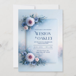 Rosa Dahlia Pulverblaue Rahmen Hochzeit Einladung