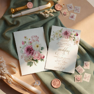 Rosa Dahlia Wildblumen Gold Text Hochzeit   Einladung