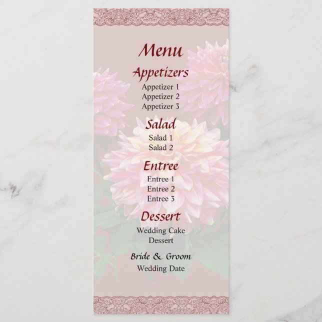 Rosa Dahlias Kidd Climax Menü Menükarte (Vorderseite)