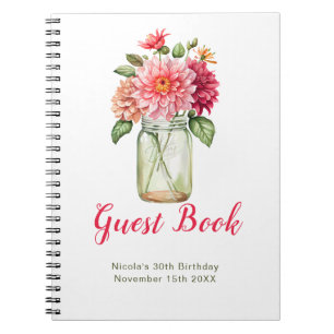 Rosa Dahlien-Mason-Glas-Geburtstagsfeier-Gästebuch Notizblock
