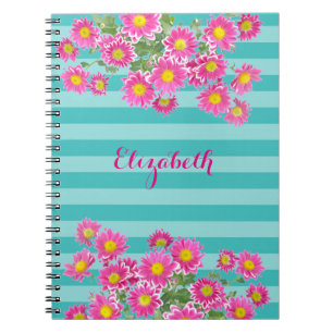 Rosa Daisy Blume auf Türkis Streifen Notizblock