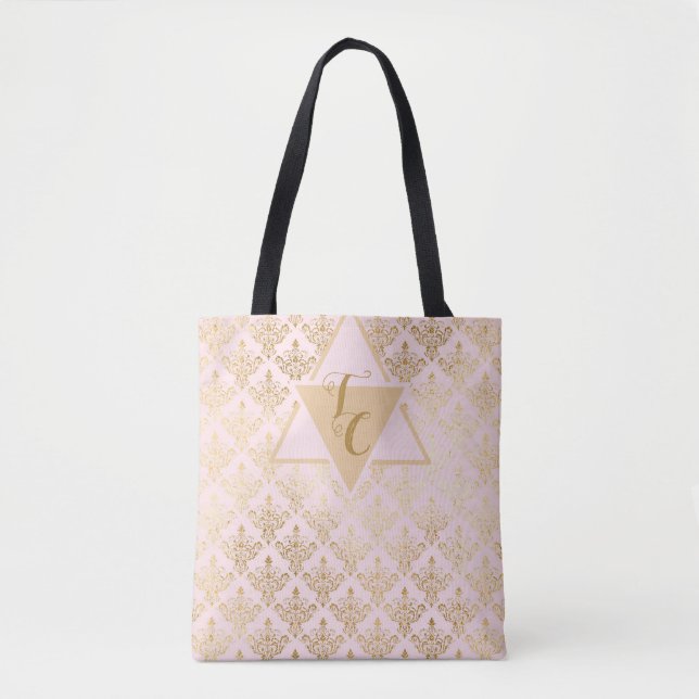 Rosa Damask Elegante Monogramm-Tasche (Vorderseite)
