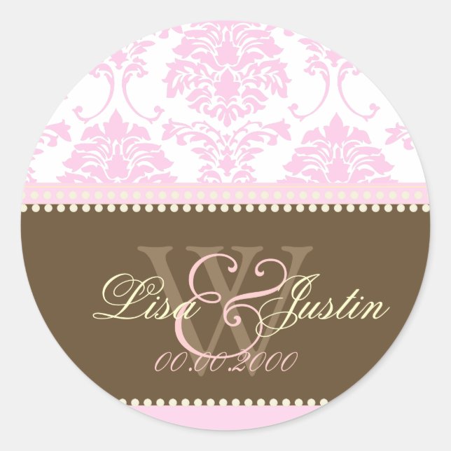Rosa Damask Monogramm Hochzeitsticker Runder Aufkleber (Vorderseite)