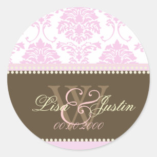 Rosa Damask Monogramm Hochzeitsticker Runder Aufkleber
