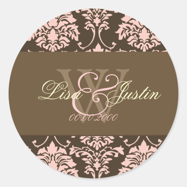 Rosa Damask Monogramm Hochzeitsticker Runder Aufkleber (Vorderseite)