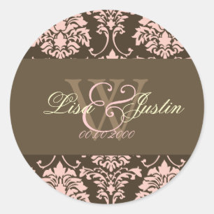 Rosa Damask Monogramm Hochzeitsticker Runder Aufkleber