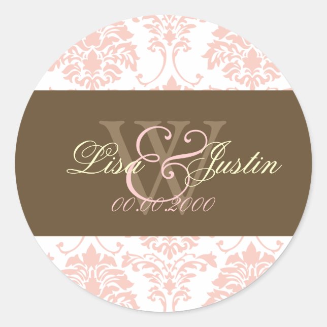 Rosa Damask Monogramm Hochzeitsticker Runder Aufkleber (Vorderseite)