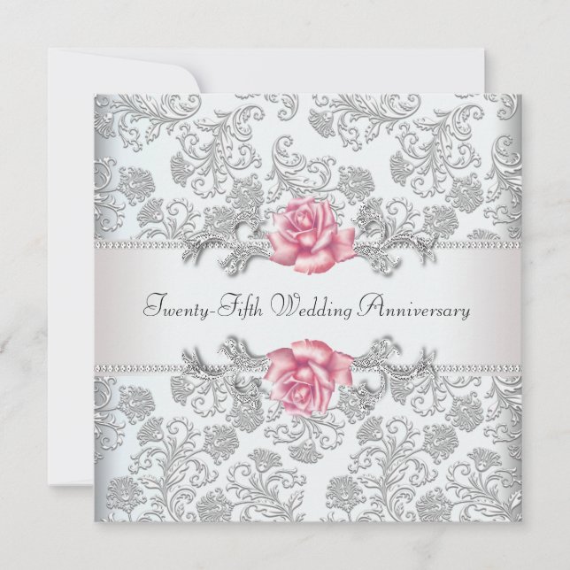 Rosa Damask Silver 25. Hochzeitstag Einladung (Vorderseite)