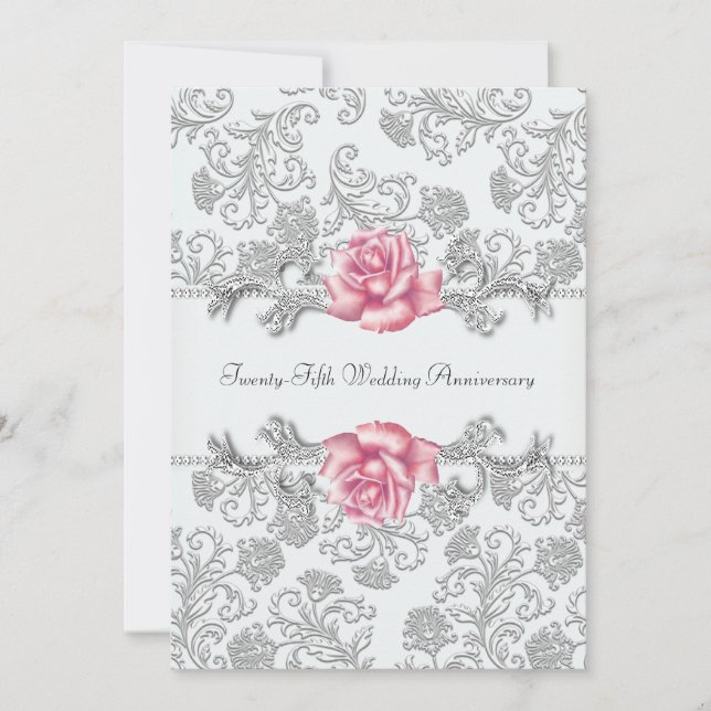 Rosa Damask Silver 25. Hochzeitstag Einladung (Vorderseite)