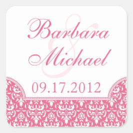 Rosa Damask Square Hochzeitskleber Quadratischer Aufkleber
