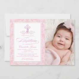 Rosa Damaske Cross Girls Foto Taufen Einladungen