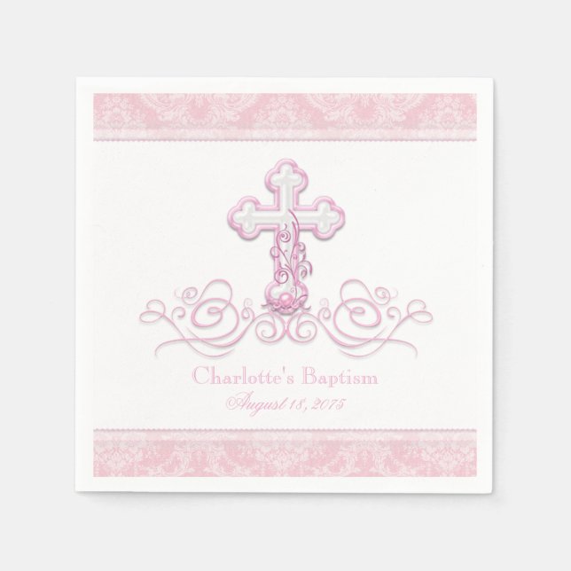 Rosa Damaske Cross Girls Taufe Kommunion Napkins Serviette (Vorderseite)