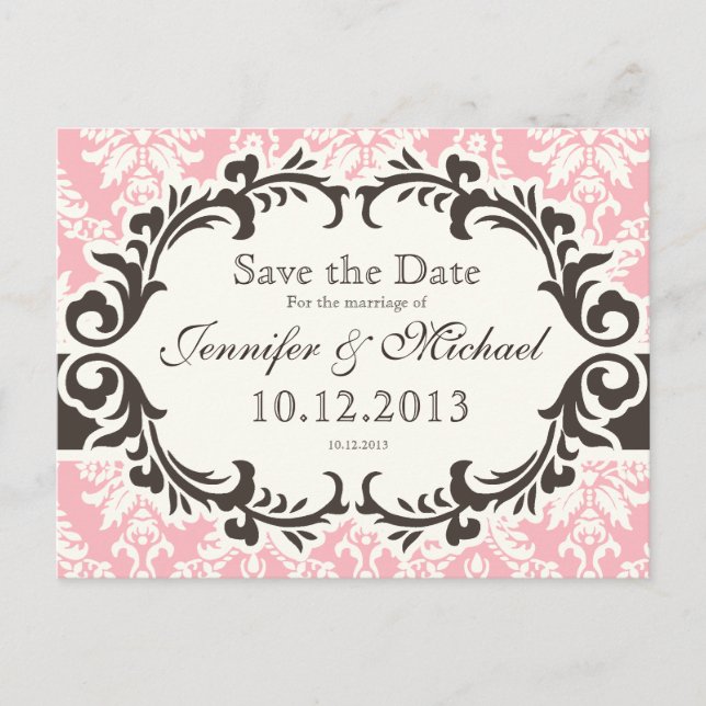 Rosa Damaske Save the Date Postkarte (Vorderseite)