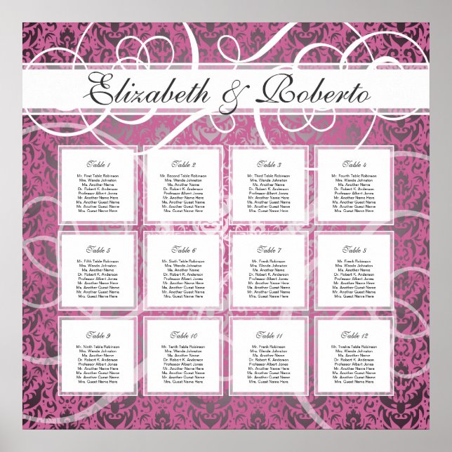 Rosa Damaskus 12 Tabelle Hochzeitsplan Poster (Vorne)