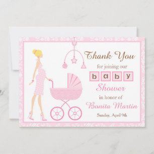 Rosa Damast-Blondine-Baby-Party Dankeskarte