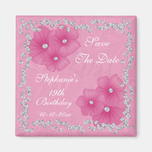 Rosa Damast & Blumen 19. Geburtstag Magnet