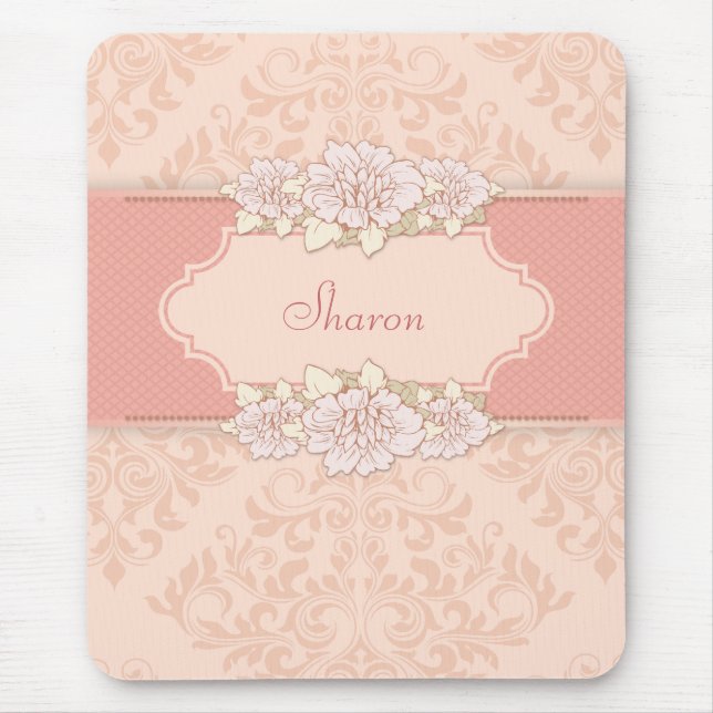 Rosa Damast Blumenmauspad Mousepad (Vorne)