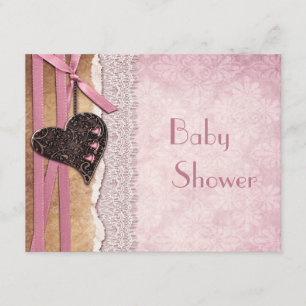 Rosa Damast, Gedrucktes Herz & Spitze Baby Shower Einladung