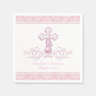 Rosa Damast-Kreuz Mädchen Taufe Kommunion Serviett Serviette