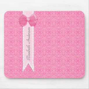 Rosa Damast-Muster mit Namen und Mädchen-Touch Mousepad
