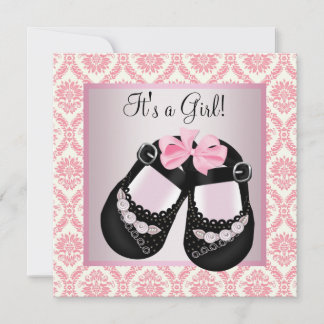 Rosa Damast schwarze Schuhe Rosa Damast Baby Girl Einladung