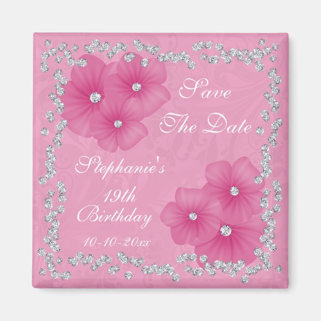 Rosa Damast u. Blumen-19. Geburtstag Magnet (Vorne)