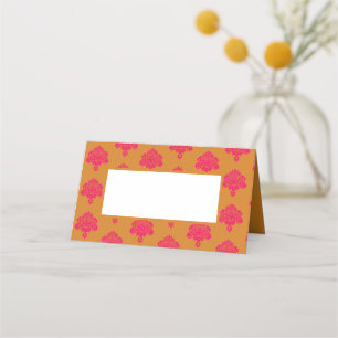 rosa Damast und orangefarbenes Muster Platzkarte