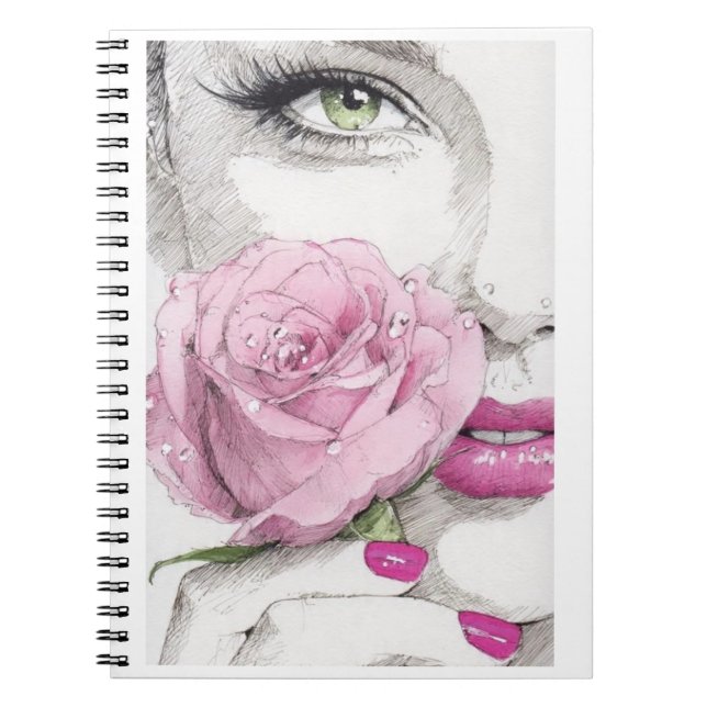 Rosa Dame mit rosa Rosennotizbuch Notizblock (Vorderseite)
