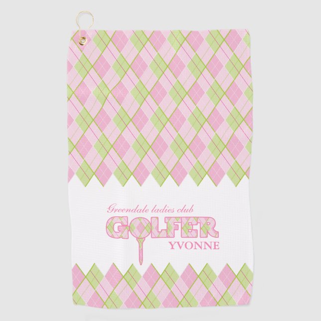 Rosa Damen Golfer Raute personalisiert Handtuch (Vorderseite)