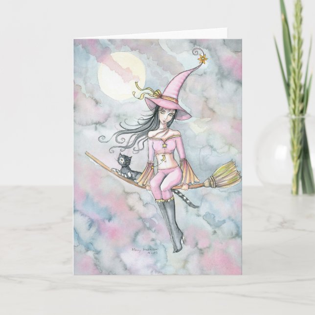 Rosa Dämmerungs-Halloweenhexe-und -katzen-Karte Karte (Vorderseite)
