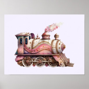 Rosa Dampflokomotive im Vintage-Steampunk-Stil Poster