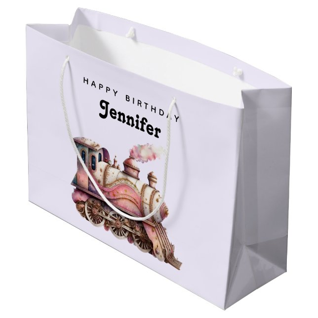 Rosa Dampfzug Vintag Geburtstag Große Geschenktüte (Rückseite Schrägansicht)