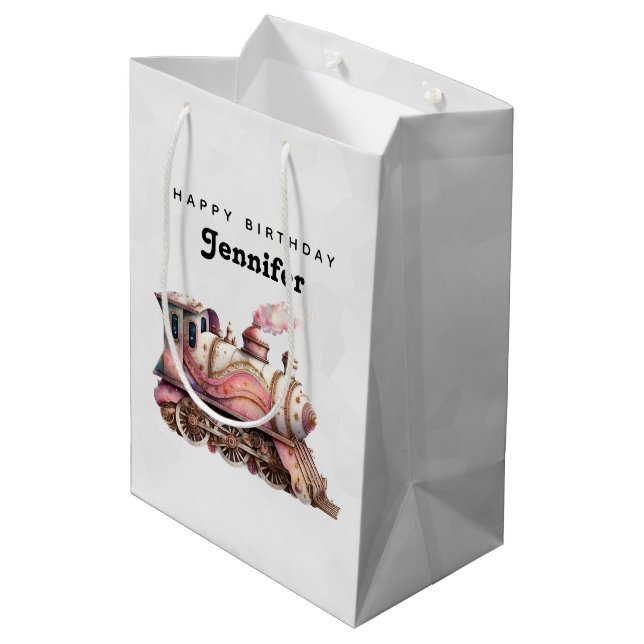 Rosa Dampfzug Vintag Geburtstag Mittlere Geschenktüte (Rückseite Schrägansicht)