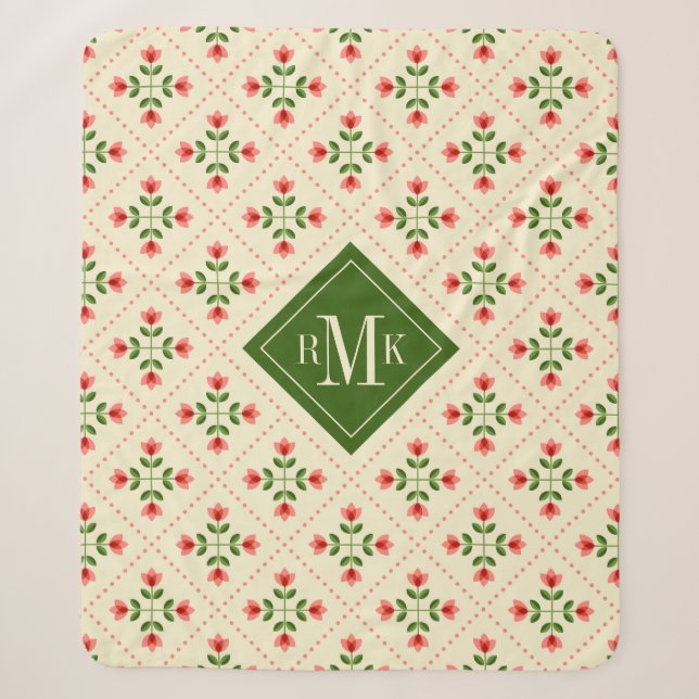Rosa des Monogramm-| u. grüne Steppdecken-mit Sherpadecke (Vorderseite)
