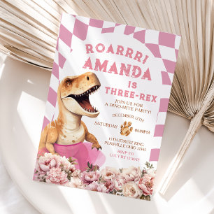 Rosa Dinosaurier Drei-rex Vintage Blütengeburt Einladung